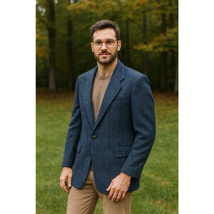 VTG Men’s Blue Wool Blazer 48L Leather Buttons Made in Poland Old Money Plaid